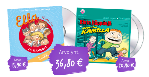 Luen Itse -kirjakerhon runsas tutustumispakettiin (2 kirjaa 1 e / kpl) kaupan päälle myös Ella CD ja Risto Räppääjä ja kuuluisa Kamilla paketti (arvo: 36,80 euroa) Luen Itse -kirjakerhon runsas tutustumispakettiin (2 kirjaa 1 e / kpl) kaupan päälle myös Ella CD ja Risto Räppääjä ja kuuluisa Kamilla paketti (arvo: 36,80 euroa)